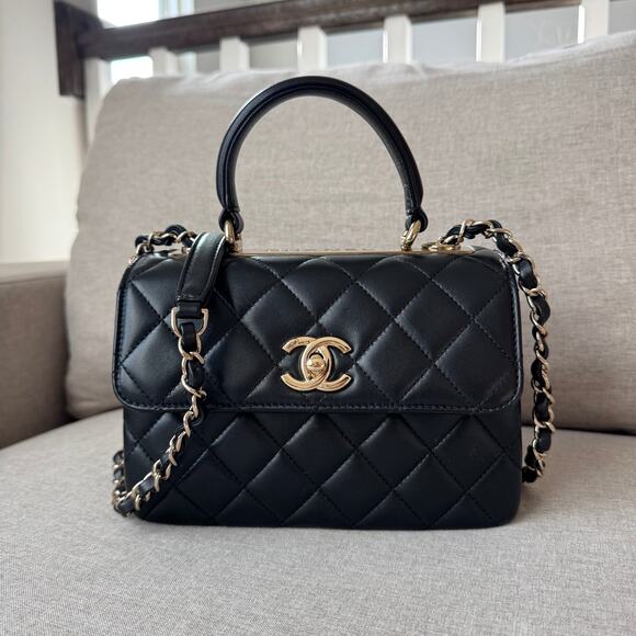 CHANEL Black Lambskin Mini Trendy CC Flap Top Handle Bag Matelasse Leather Gold - Picture 2 of 11